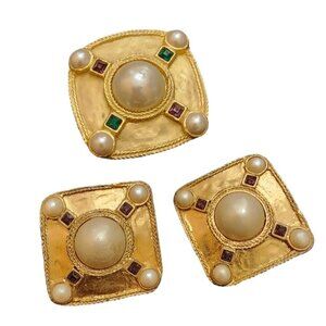 Vintage 80s Matte Gold & Pearl Brooch Set (A2531)
